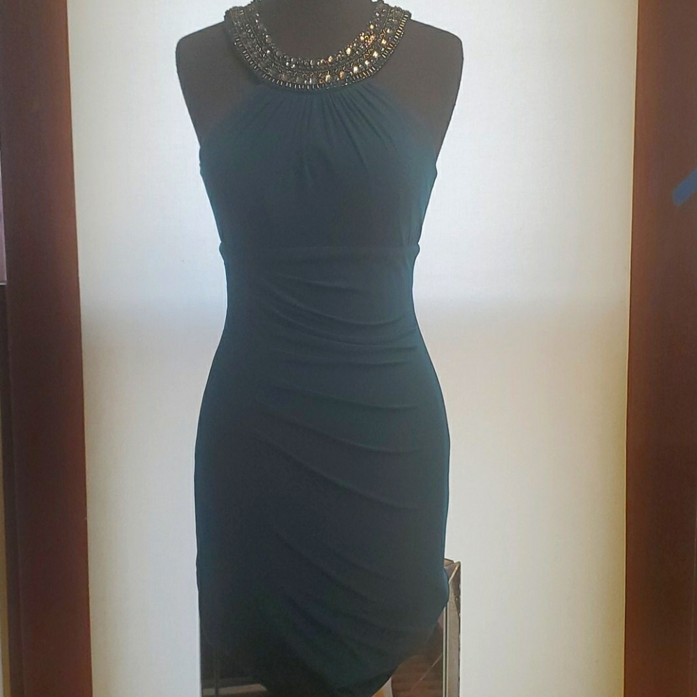 Cache Teal Fitted Silver Bead Neckline Dress